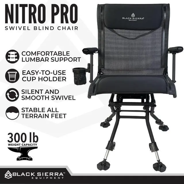 Alt view image 4 of 7 - Black Sierra XL Swivel Hunting Chair 360 Silent Blind Seat Heavy Duty Support 300 lbs w/Padded Armrests, All Terrain Feet Cupholder and Carry Strap, Portable Outdoor Seat for Turkey and Deer Hunting