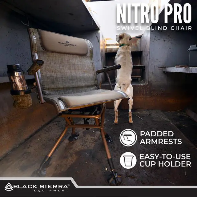 Alt view image 5 of 7 - Black Sierra XL Swivel Hunting Chair 360 Silent Blind Seat Heavy Duty Support 300 lbs w/Padded Armrests, All Terrain Feet Cupholder and Carry Strap, Portable Outdoor Seat for Turkey and Deer Hunting