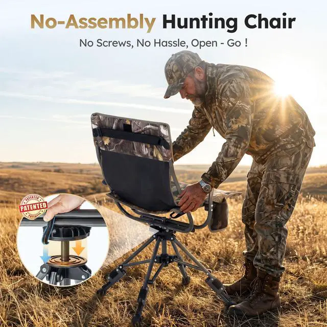 Alt view image 2 of 7 - Folding Hunting Chair for Blinds 360 Degree Silent Swivel 330LBS | Padded Cushion Hunting Seat 330LBS CapacityArmrest, 4 Legs Adjustable Height, Shoulder Strap, Cup Holder