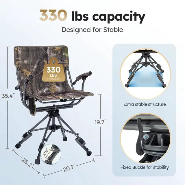 Alt view image 3 of 7 - Folding Hunting Chair for Blinds 360 Degree Silent Swivel 330LBS | Padded Cushion Hunting Seat 330LBS CapacityArmrest, 4 Legs Adjustable Height, Shoulder Strap, Cup Holder