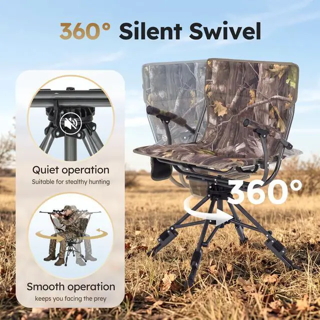 Alt view image 4 of 7 - Folding Hunting Chair for Blinds 360 Degree Silent Swivel 330LBS | Padded Cushion Hunting Seat 330LBS CapacityArmrest, 4 Legs Adjustable Height, Shoulder Strap, Cup Holder