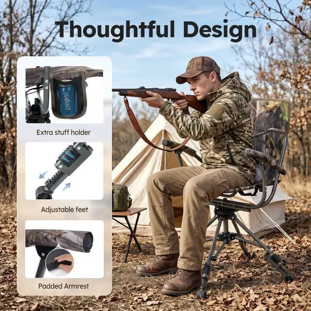 Alt view image 7 of 7 - Folding Hunting Chair for Blinds 360 Degree Silent Swivel 330LBS | Padded Cushion Hunting Seat 330LBS CapacityArmrest, 4 Legs Adjustable Height, Shoulder Strap, Cup Holder