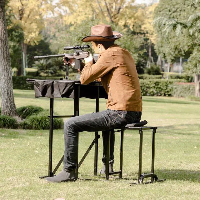 Alt view image 2 of 7 - Foldable Shooting Table, Height Adjustable Shooting Bench with Adjustable Gun Rest, Ammo Pockets, Padded Seat, Portable Shooting Bench Rest for Rifles, Hunting, Outdoor