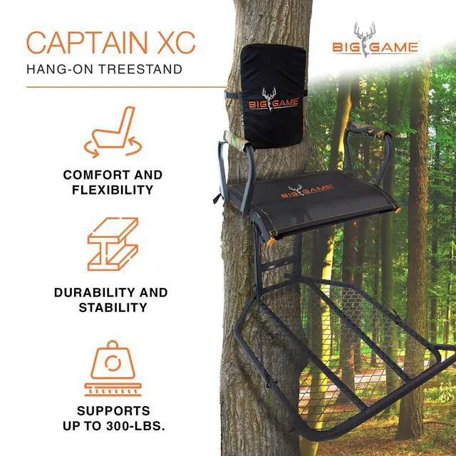 Alt view image 2 of 7 - Big Game Captain XC Hang-On Treestand, Lightweight Steel Construction w/Flip-Back Flex-Tek Seat, 300 lbs Weight Rating, 24"x30" Foot Platform