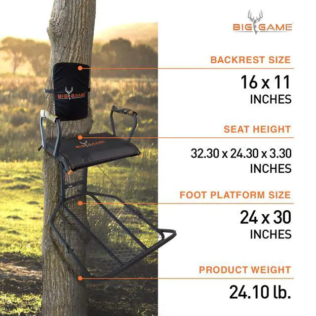 Alt view image 3 of 7 - Big Game Captain XC Hang-On Treestand, Lightweight Steel Construction w/Flip-Back Flex-Tek Seat, 300 lbs Weight Rating, 24"x30" Foot Platform