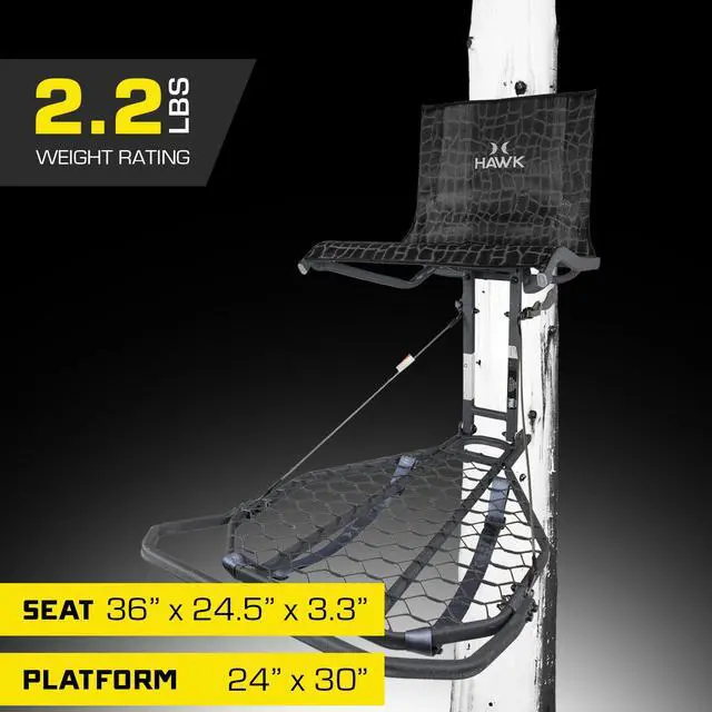 Alt view image 3 of 7 - Kickback Lvl Hang on Tree Stand HWK HF2031, 24x30 Platform | 24x30 in Welded Platform, Xl Mesh Seat 21x15 in, Steel Construction, 300 Lb Capacity, Kickback Footrest