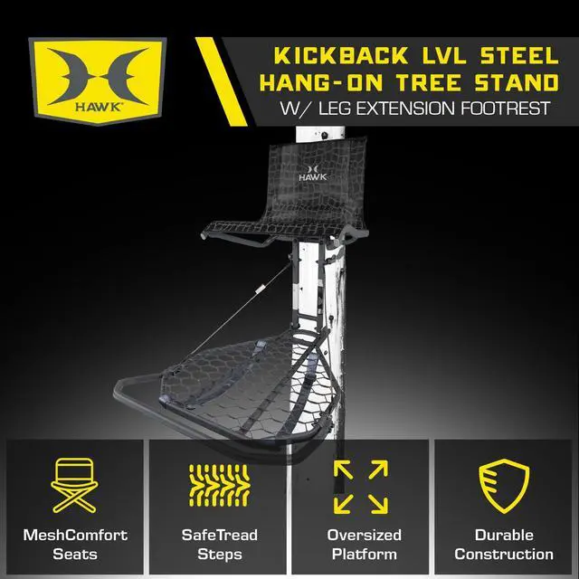 Alt view image 2 of 7 - Kickback Lvl Hang on Tree Stand HWK HF2031, 24x30 Platform | 24x30 in Welded Platform, Xl Mesh Seat 21x15 in, Steel Construction, 300 Lb Capacity, Kickback Footrest