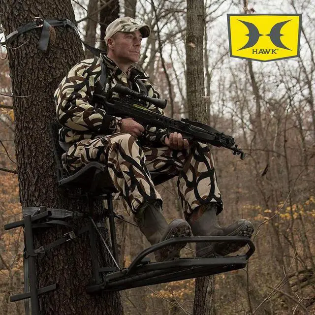Alt view image 5 of 7 - Kickback Lvl Hang on Tree Stand HWK HF2031, 24x30 Platform | 24x30 in Welded Platform, Xl Mesh Seat 21x15 in, Steel Construction, 300 Lb Capacity, Kickback Footrest