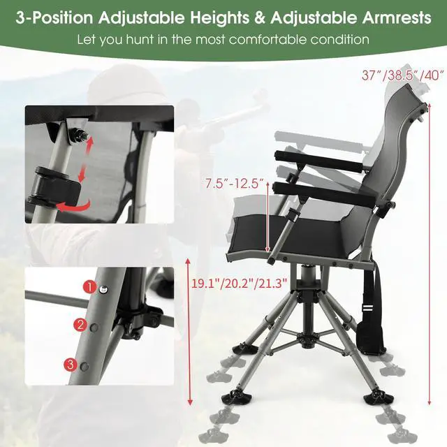 Alt view image 5 of 7 - Hunting Chair, 360 Degree Silent Swivel Blind Chair with 4 Adjustable Legs, Foot Pads & Armrests, Portable Folding Hunting Chairs for Blinds, Fishing, Camping