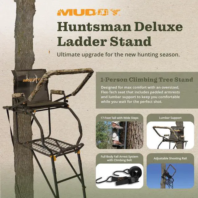 Alt view image 2 of 7 - 1-Person Huntsman Deluxe Steel Ladder Tree Stand, 17 ft Tall, 300 lb Capacity - Heavy-Duty Hunting Treestand with Lumbar Support Seat, Flip-Back Adjustable Shooting Rail & Silencer Technology