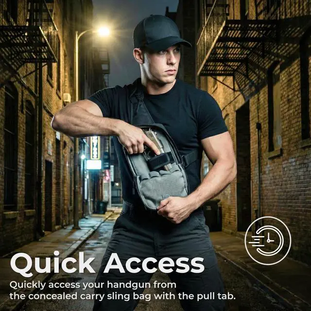 Alt view image 2 of 7 - Premium Concealed Carry Bag for Men with Quick Access Pull Tab and 4 Accessory Slots CCW Sling Bag for Men with Waterproof Heavy Duty Zippers Durable Adjustable Holster Included