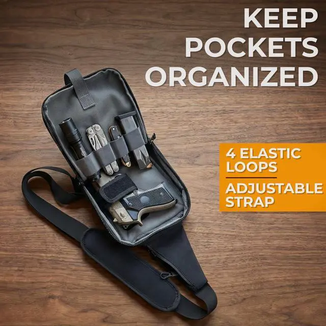 Alt view image 7 of 7 - Premium Concealed Carry Bag for Men with Quick Access Pull Tab and 4 Accessory Slots CCW Sling Bag for Men with Waterproof Heavy Duty Zippers Durable Adjustable Holster Included