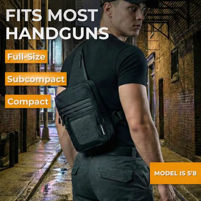 Alt view image 5 of 7 - Premium Concealed Carry Bag for Men with Quick Access Pull Tab and 4 Accessory Slots CCW Sling Bag for Men with Waterproof Heavy Duty Zippers Durable Adjustable Holster Included