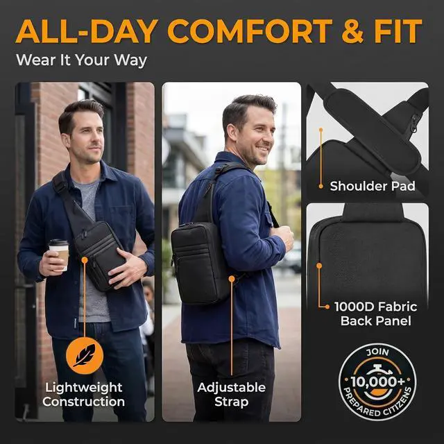 Alt view image 5 of 7 - Premium Sling Carry Bag for Men with Quick Access Pull Tab and 4 Accessory Slots CCW Sling Bag for Men with Waterproof Heavy Duty Zippers Durable Adjustable Holster Included