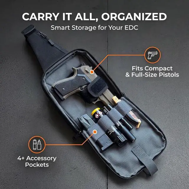 Alt view image 6 of 7 - Premium Sling Carry Bag for Men with Quick Access Pull Tab and 4 Accessory Slots CCW Sling Bag for Men with Waterproof Heavy Duty Zippers Durable Adjustable Holster Included
