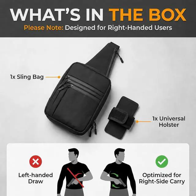 Alt view image 7 of 7 - Premium Sling Carry Bag for Men with Quick Access Pull Tab and 4 Accessory Slots CCW Sling Bag for Men with Waterproof Heavy Duty Zippers Durable Adjustable Holster Included