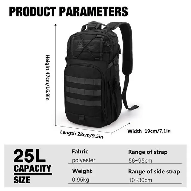 Alt view image 2 of 6 - 25L Tactical Backpack, Molle Sling Bag for Men, Military Rucksack Crossbody Bag for Hiking Travel Camping Gym