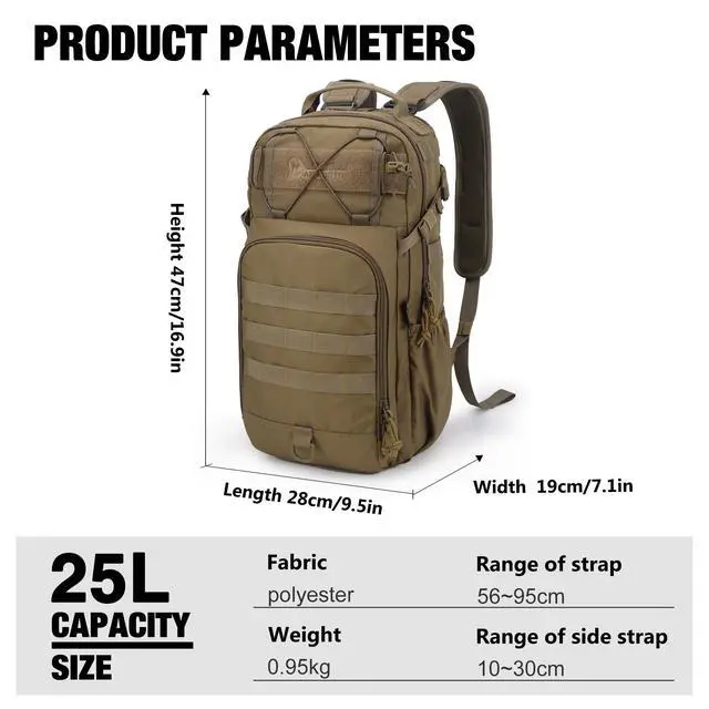 Alt view image 2 of 6 - 25L Tactical Backpack, Molle Sling Bag for Men, Military Rucksack Crossbody Bag for Hiking Travel Camping Gym