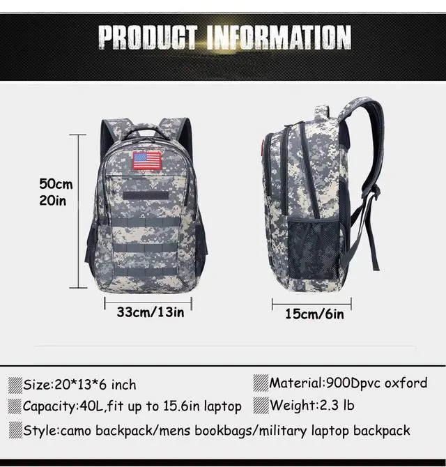Alt view image 2 of 7 - Camo Backpack for Boys,Army Boys Backpacks for Elementary Middle School Military,Camouflage Bookbag 40L