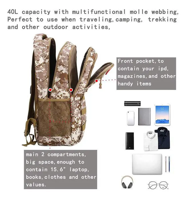 Alt view image 4 of 7 - Camo Backpack for Boys,Army Boys Backpacks for Elementary Middle School Military,Camouflage Bookbag 40L