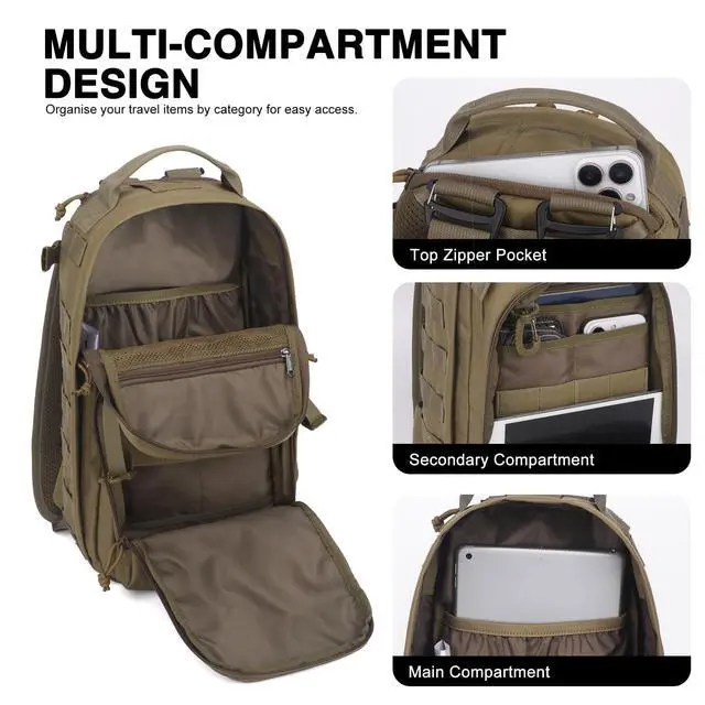 Alt view image 4 of 7 - 15L Tactical Backpack, Small Molle Sling Bag for Men, Military Rucksack Crossbody Bag for Hiking Travel