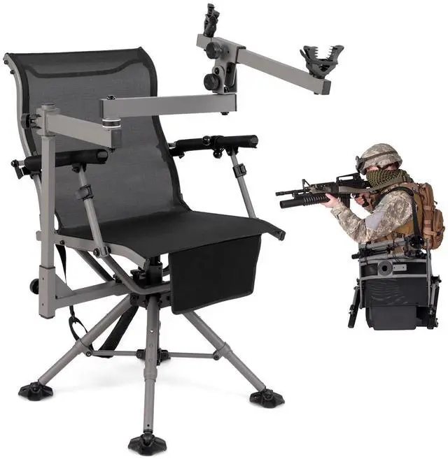 Main image of 360° Swivel Hunting Chair with Gun Rest, Adjustable Armrests, Telescopic Legs, All-Terrain Duck Feet, Shoulder Strap, 330 Lbs Capacity, Outdoor Ground Blind Seat, Folding Deer Hunting Seat
