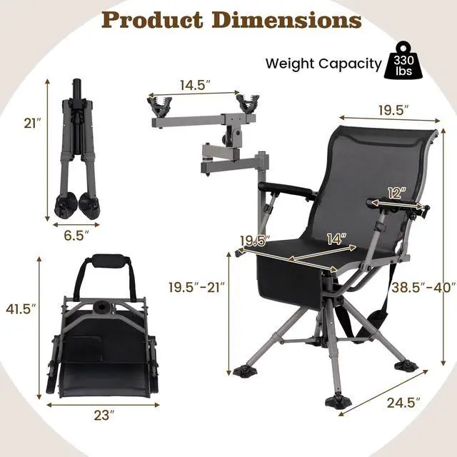 Alt view image 3 of 7 - 360° Swivel Hunting Chair with Gun Rest, Adjustable Armrests, Telescopic Legs, All-Terrain Duck Feet, Shoulder Strap, 330 Lbs Capacity, Outdoor Ground Blind Seat, Folding Deer Hunting Seat