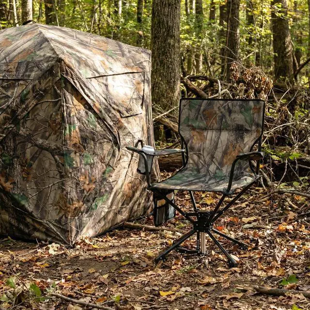 Alt view image 2 of 7 - Hunting Chair, 360 Degree Silent Folding Swivel Blind Chair with Cup Holder, Storage Pocket, Carrying Bag for Blinds, Camping, No Assembly Needed (2, Dark Camouflage)