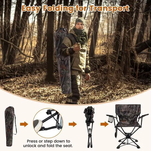 Alt view image 6 of 7 - Hunting Chairs Set of 2, 360 Degree Silent Swivel Blind Chair with Cup Holder, Storage Pocket, Portable Folding Hunting Chairs with Carrying Bag for Camping, No Assembly Needed