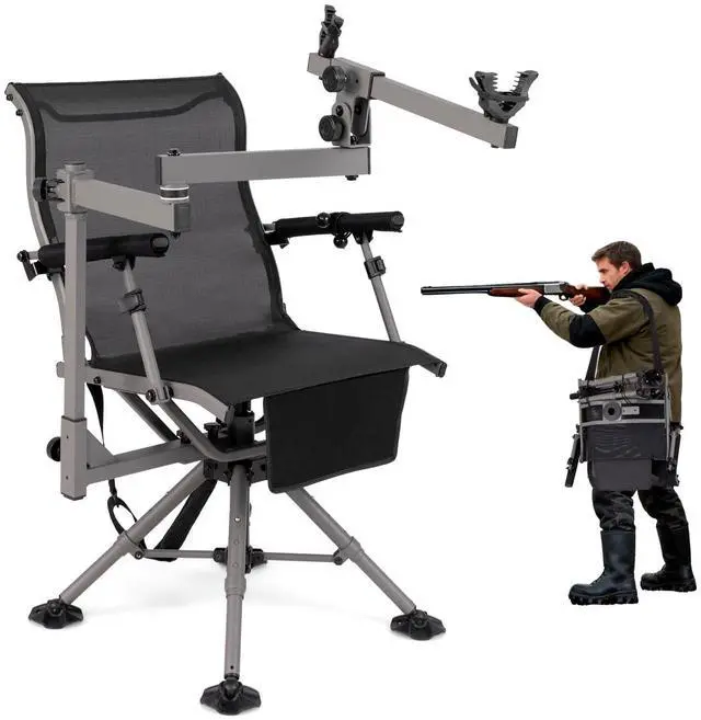 Main image of Hunting Chair with Gun Rest, 360° Swivel Hunting Blind Chair w/Adjustable Height & Armrest, All-Terrain Duck Feet, Shoulder Strap, 330 LBS Folding Outdoor Ground Blind Seat