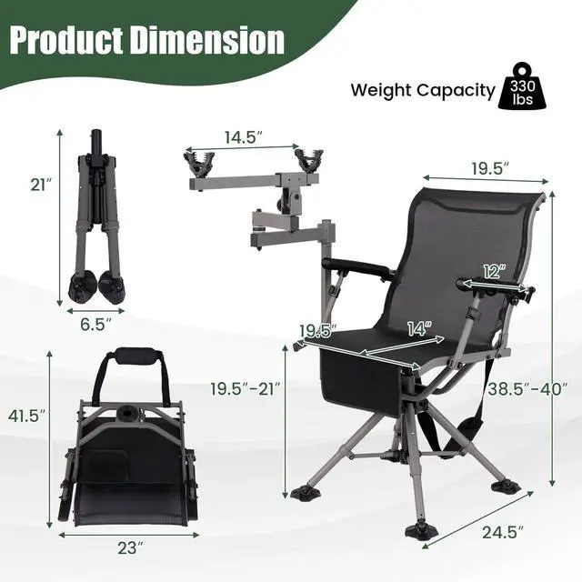 Alt view image 3 of 7 - Hunting Chair with Gun Rest, 360° Swivel Hunting Blind Chair w/Adjustable Height & Armrest, All-Terrain Duck Feet, Shoulder Strap, 330 LBS Folding Outdoor Ground Blind Seat