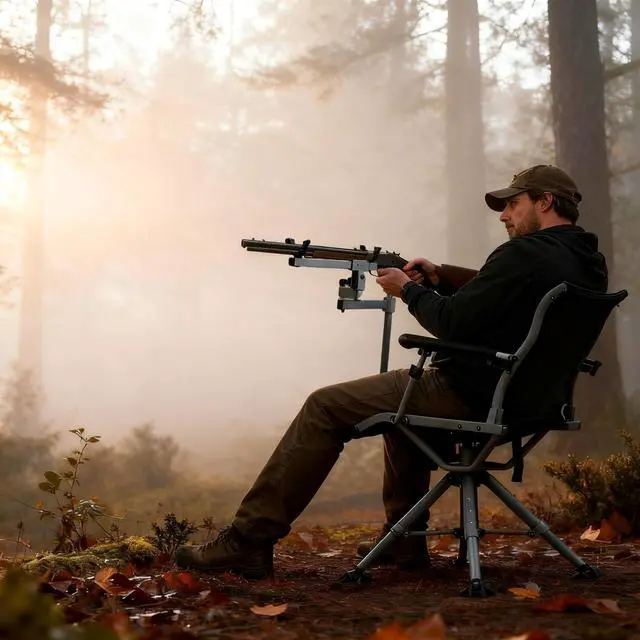 Alt view image 2 of 7 - Hunting Chair with Gun Rest, 360° Swivel Hunting Blind Chair w/Adjustable Height & Armrest, All-Terrain Duck Feet, Shoulder Strap, 330 LBS Folding Outdoor Ground Blind Seat