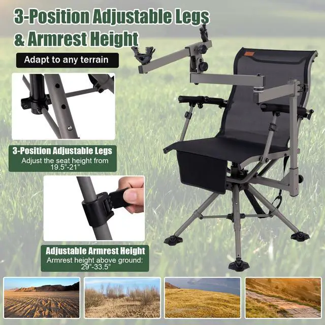 Alt view image 5 of 7 - Hunting Chair with Gun Rest, 360° Swivel Hunting Blind Chair w/Adjustable Height & Armrest, All-Terrain Duck Feet, Shoulder Strap, 330 LBS Folding Outdoor Ground Blind Seat