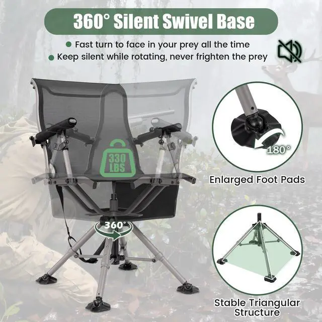 Alt view image 6 of 7 - Hunting Chair with Gun Rest, 360° Swivel Hunting Blind Chair w/Adjustable Height & Armrest, All-Terrain Duck Feet, Shoulder Strap, 330 LBS Folding Outdoor Ground Blind Seat