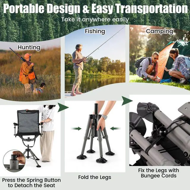 Alt view image 7 of 7 - Hunting Chair with Gun Rest, 360° Swivel Hunting Blind Chair w/Adjustable Height & Armrest, All-Terrain Duck Feet, Shoulder Strap, 330 LBS Folding Outdoor Ground Blind Seat