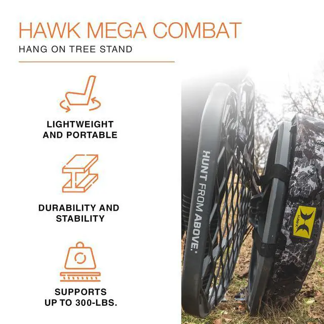 Alt view image 2 of 7 - Mega Combat Hang on Tree Stand, Steel, 24 X 30 in Platform | Steel Hang-on Treestand, Welded 24x30in Platform, Memory-Foam Seat, Tree Digger Teeth, 300 Lb Capacity, (1 Piece)