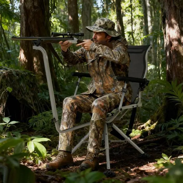 Alt view image 2 of 7 - Hunting Chair with Gun Rest, 360° Swivel Hunting Blind Chair w/Adjustable Height & Armrest, All-Terrain Duck Feet, Shoulder Strap, 330 LBS Folding Outdoor Ground Blind Seat