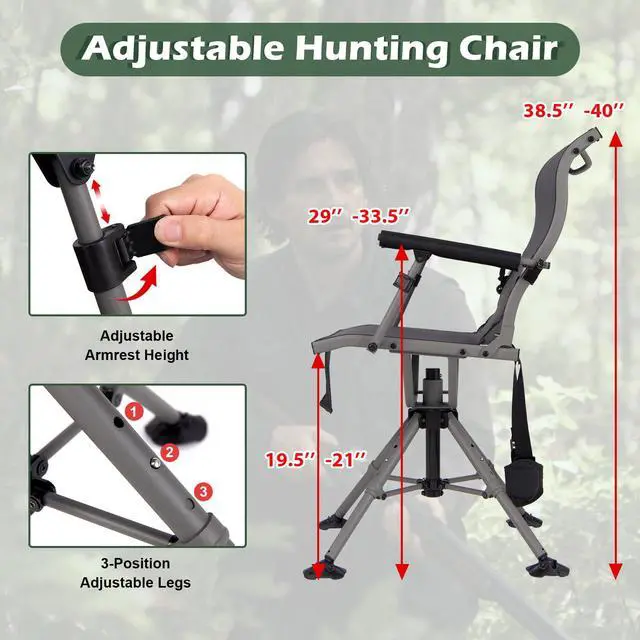 Alt view image 3 of 7 - Hunting Chair with Gun Rest, 360° Swivel Hunting Blind Chair w/Adjustable Height & Armrest, All-Terrain Duck Feet, Shoulder Strap, 330 LBS Folding Outdoor Ground Blind Seat