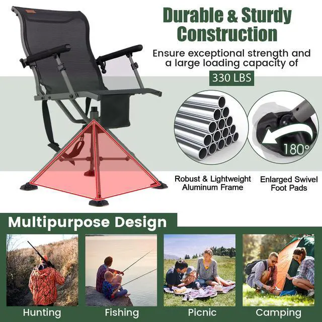 Alt view image 5 of 7 - Hunting Chair with Gun Rest, 360° Swivel Hunting Blind Chair w/Adjustable Height & Armrest, All-Terrain Duck Feet, Shoulder Strap, 330 LBS Folding Outdoor Ground Blind Seat