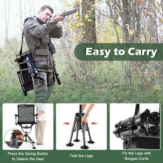 Alt view image 6 of 7 - Hunting Chair with Gun Rest, 360° Swivel Hunting Blind Chair w/Adjustable Height & Armrest, All-Terrain Duck Feet, Shoulder Strap, 330 LBS Folding Outdoor Ground Blind Seat