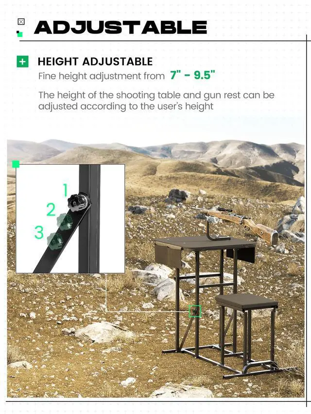 Alt view image 3 of 7 - Foldable Shooting Bench Adjustable Height Portable Shooting & Hunting | Table with Seat, Gun Rest and 2 Ammo Pockets Powder Coated Steel Outdoor Range and Hunting