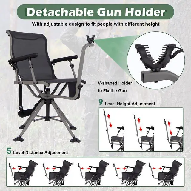 Alt view image 4 of 7 - Hunting Chair with Gun Rest, 360° Swivel Hunting Blind Chair w/Adjustable Height & Armrest, All-Terrain Duck Feet, Shoulder Strap, 330 LBS Folding Outdoor Ground Blind Seat
