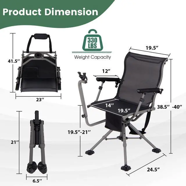 Alt view image 7 of 7 - Hunting Chair with Gun Rest, 360° Swivel Hunting Blind Chair w/Adjustable Height & Armrest, All-Terrain Duck Feet, Shoulder Strap, 330 LBS Folding Outdoor Ground Blind Seat