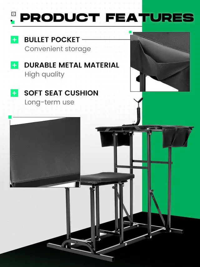 Alt view image 2 of 7 - Foldable Shooting Bench Adjustable Height Portable Shooting & Hunting | Table with Seat, Gun Rest and 2 Ammo Pockets Powder Coated Steel Outdoor Range and Hunting