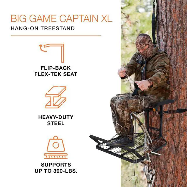 Alt view image 2 of 7 - Captain XC Steel Hang-On Treestand w/14 x 8 in. Flip-Back Seat Bundled with Quick Stick Climbing Sticks, Hunting Gear for Deer Stands