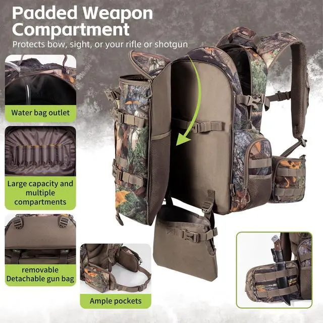 Alt view image 4 of 7 - Large Hunting Backpack with padded weapon for Bow Rifle Hunting Gear Accessories 40L(New leaf camouflage)