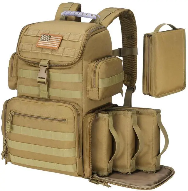 Main image of Tactical Range Backpack with Removable Divider, Gun Cases Bag with 4 Pistol Carrying Cases, Rucksack for Shooting (Tan, Medium)