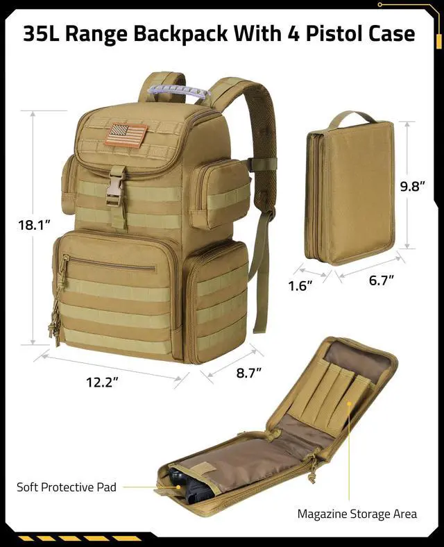 Alt view image 4 of 7 - Tactical Range Backpack with Removable Divider, Gun Cases Bag with 4 Pistol Carrying Cases, Rucksack for Shooting (Tan, Medium)