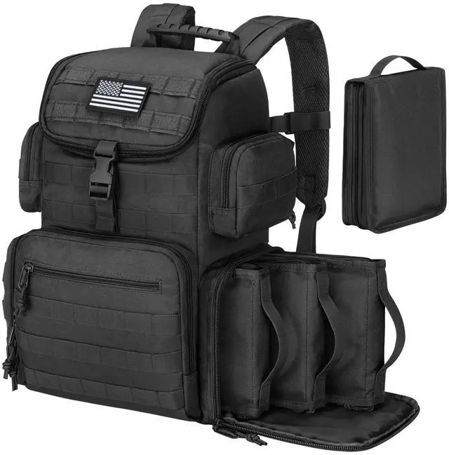 Main image of Tactical Range Backpack with Removable Divider, Gun Cases Bag with 4 Pistol Carrying Cases, Rucksack for Shooting (Black, Medium)