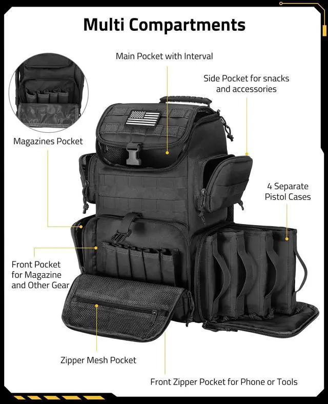 Alt view image 2 of 6 - Tactical Range Backpack with Removable Divider, Gun Cases Bag with 4 Pistol Carrying Cases, Rucksack for Shooting (Black, Medium)